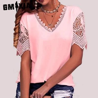 Women's Fashion Casual Summer Spring Solid Color Print Lace Stitching Short Sleeve V-Neck T-shirts and Loose Tops