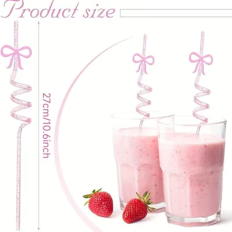 12PCS Pink Decorative Bows Spirals Straw With Detachable Design For Juice Cocktails And Milkshakes
