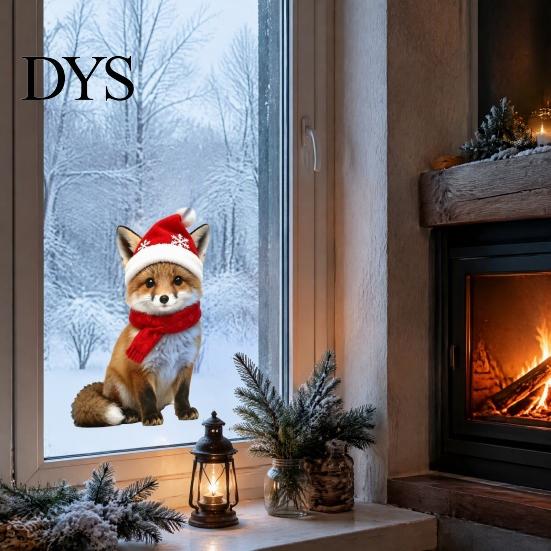 Seasonal Glass Window Art Christmas Animal Static Clings, Cute Cat/Puppy/Racoon Stickers, PVC Easy Apply Wall Decals Waterproof Sticker for Home Store