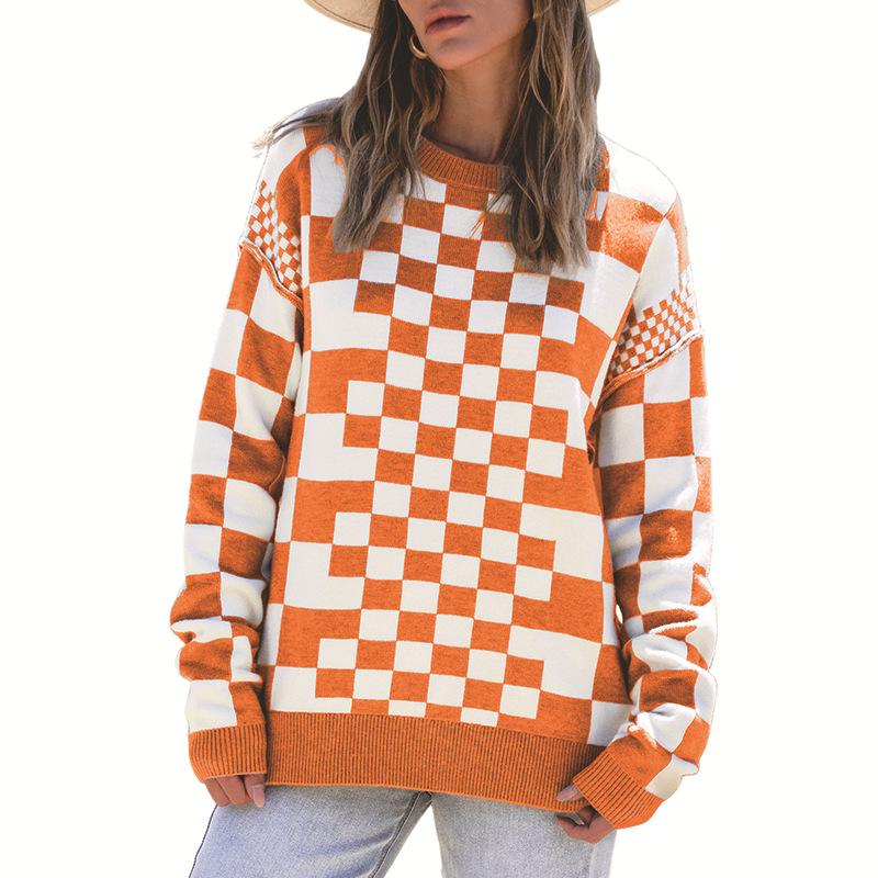 

Женский пуловер с клетчатым принтом Shiying - Осенний повседневный свободный крой, Теплый топ с длинным рукавом и спущенным плечом Large оранжевый