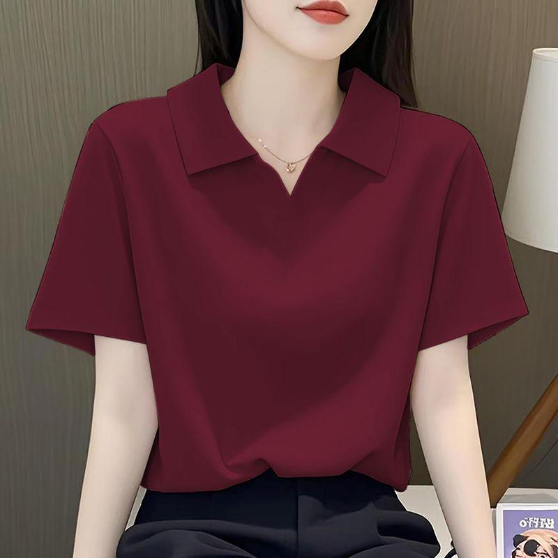

Clearance Discount Pure Cotton Long-Sleeve Collared Top for Women, New Autumn and Winter Style, Plus Size Loose White Base Polo Shirt Top Red Lapel Short Sleeve Style 710 L