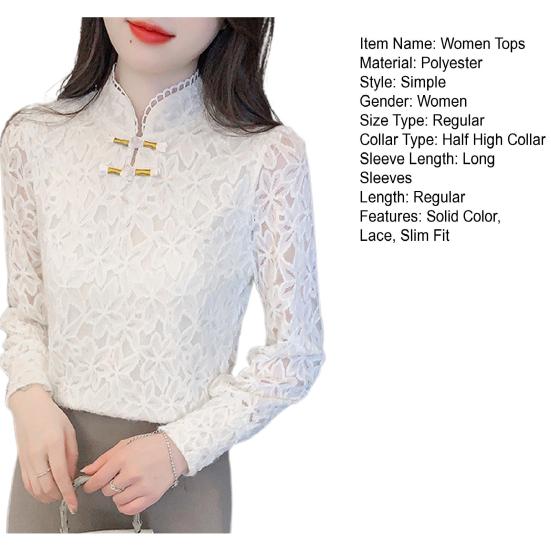 Women Tops Long Sleeve Lace Spliced Slim Fit Half High Collar Pullover Tops