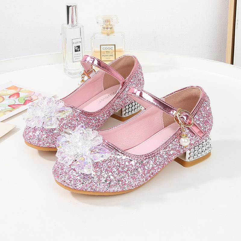 Children's high-heeled crystal shoes Girls' single shoes Little girl Princess Elsa shoes Baby classmate sequined sparkling leather shoes