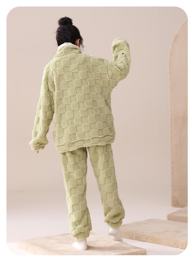 Women's Flannel Jacquard Pajamas - Zippered, Thickened, Warm Autumn/Winter Outerwear