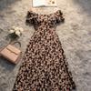 Sweet romantic floral dress women's summer new pearl square neck bubble sleeve slit dress