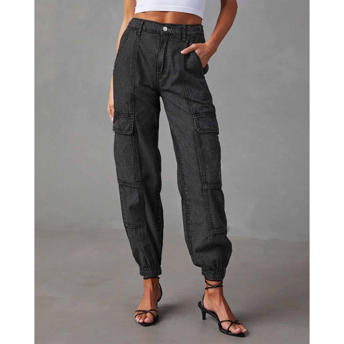 

IHUASU Джинсы для работы, осенняя мода для женщин и повседневная одежда, со свободной талией и узкими штанинами и капри XL чёрный