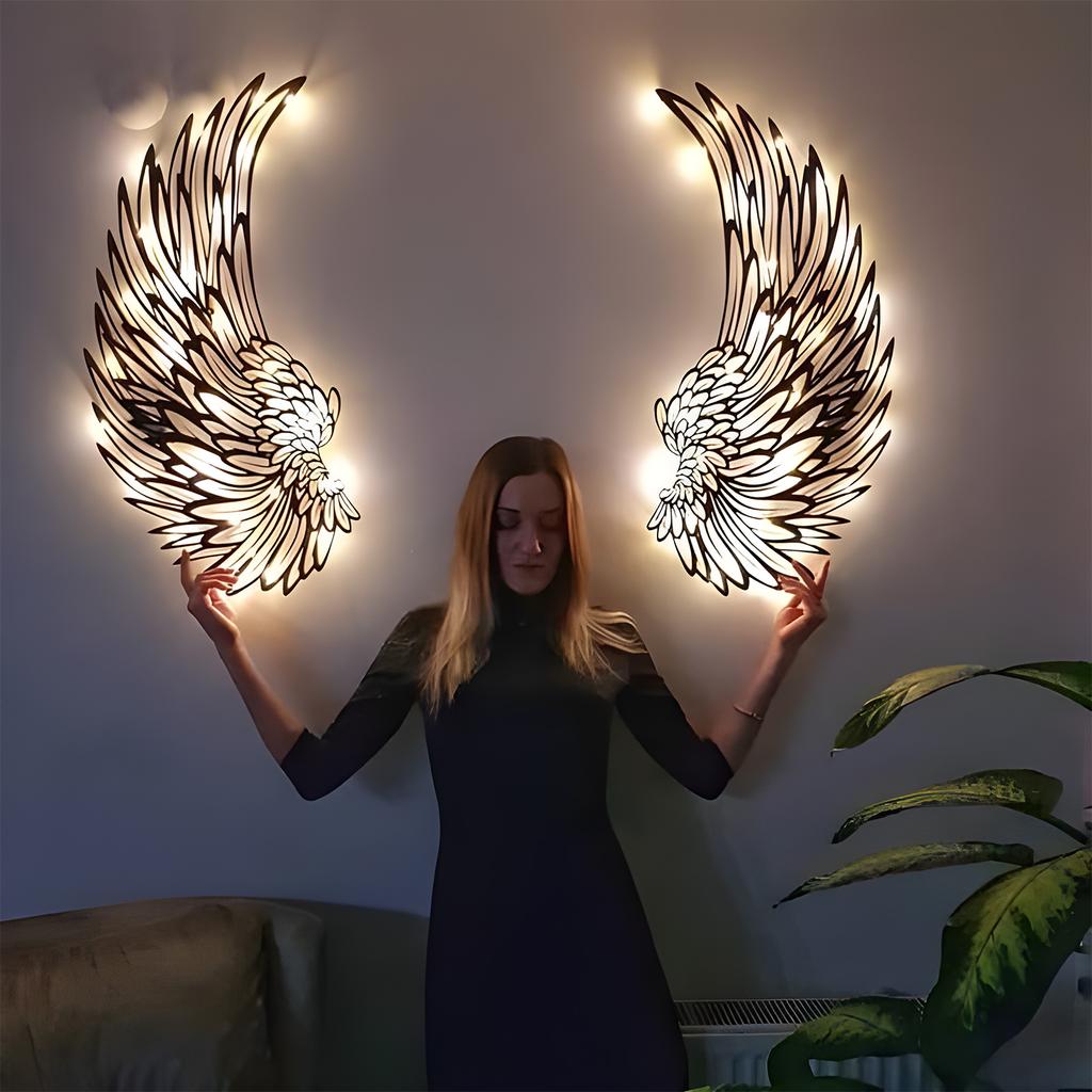 1 Pair Angel Wings Metal Mural with LED Lights Wall Decor for Living Room