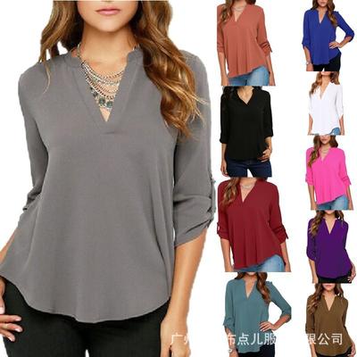 Übergröße Damen S V-Ausschnitt Langarm Lockerer Schnitt Chiffon-Bluse