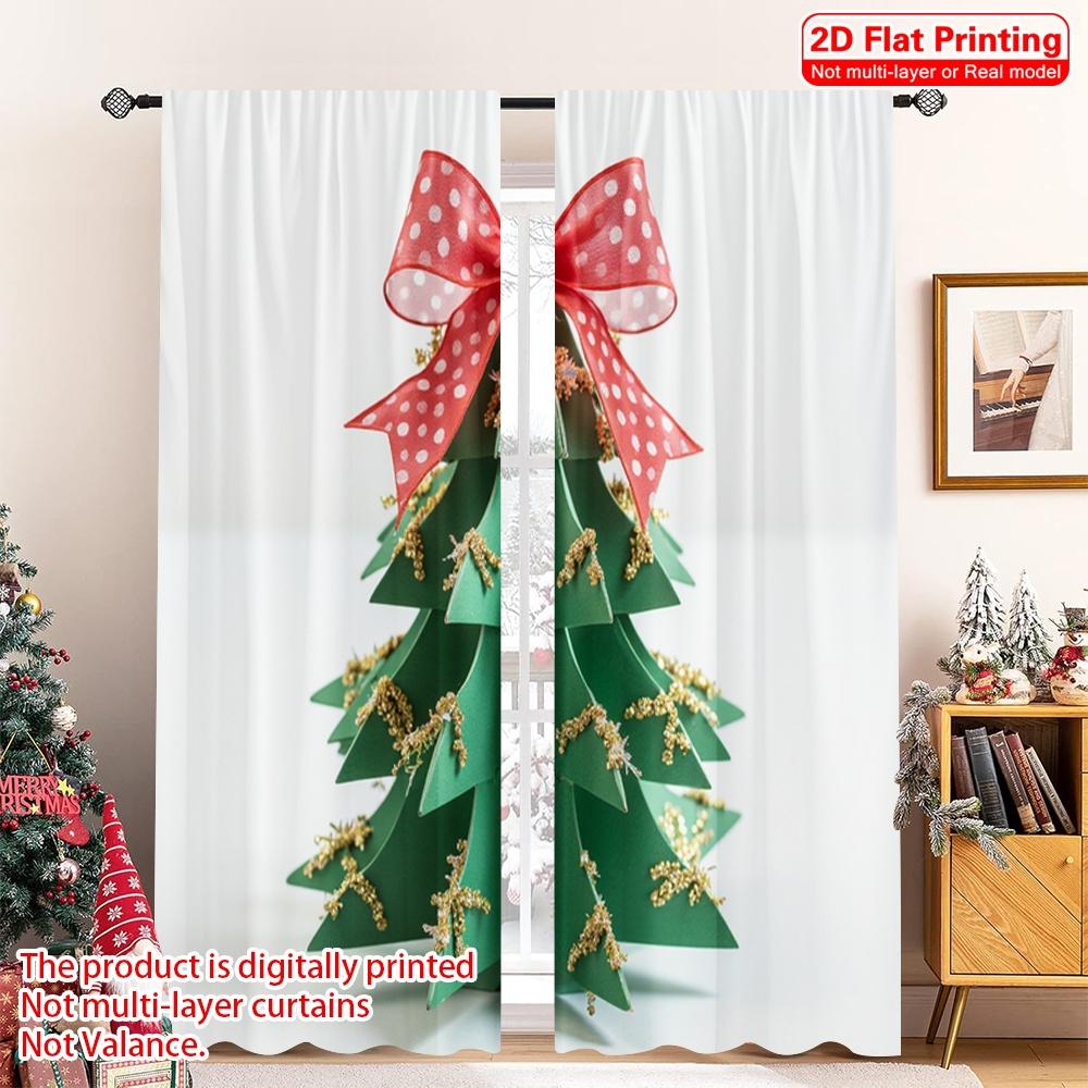 

2pcs 2D flat printing Merry Christmas Window Curtains Christmas Tree Glitter Bow Polyester Fabric Without Electricity Birthday 52.50×116.00 CM 2pcs