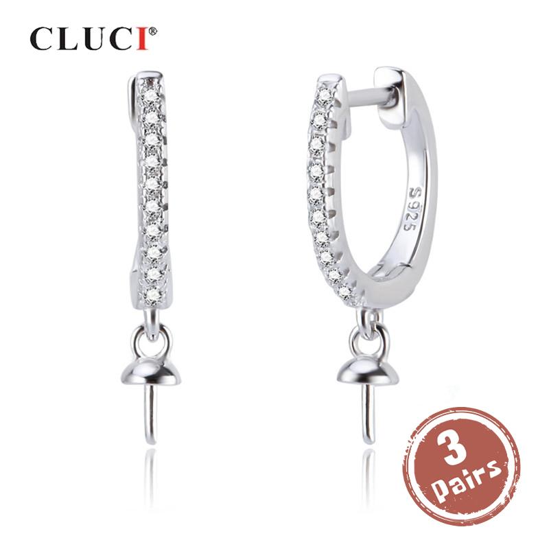 CLUCI 3 pair Authentic 925 Silver Zircon Hoop Earrings Jewelry for Women Party Sterling Silver Pearl Earring Mounting SE134SB