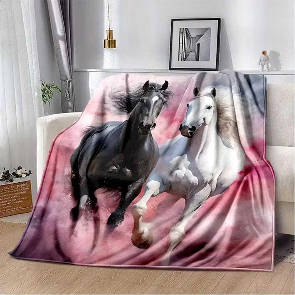 1pc Pink Blanket Love Black White Horse Printed Throw Blanket Winter Kids Couch Bed Fluffy Bedspread Birthdat Gift for Adult