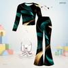 Girls Black Blue Printed Round Neck Long Sleeve Top Flared Pants Two Piece Set