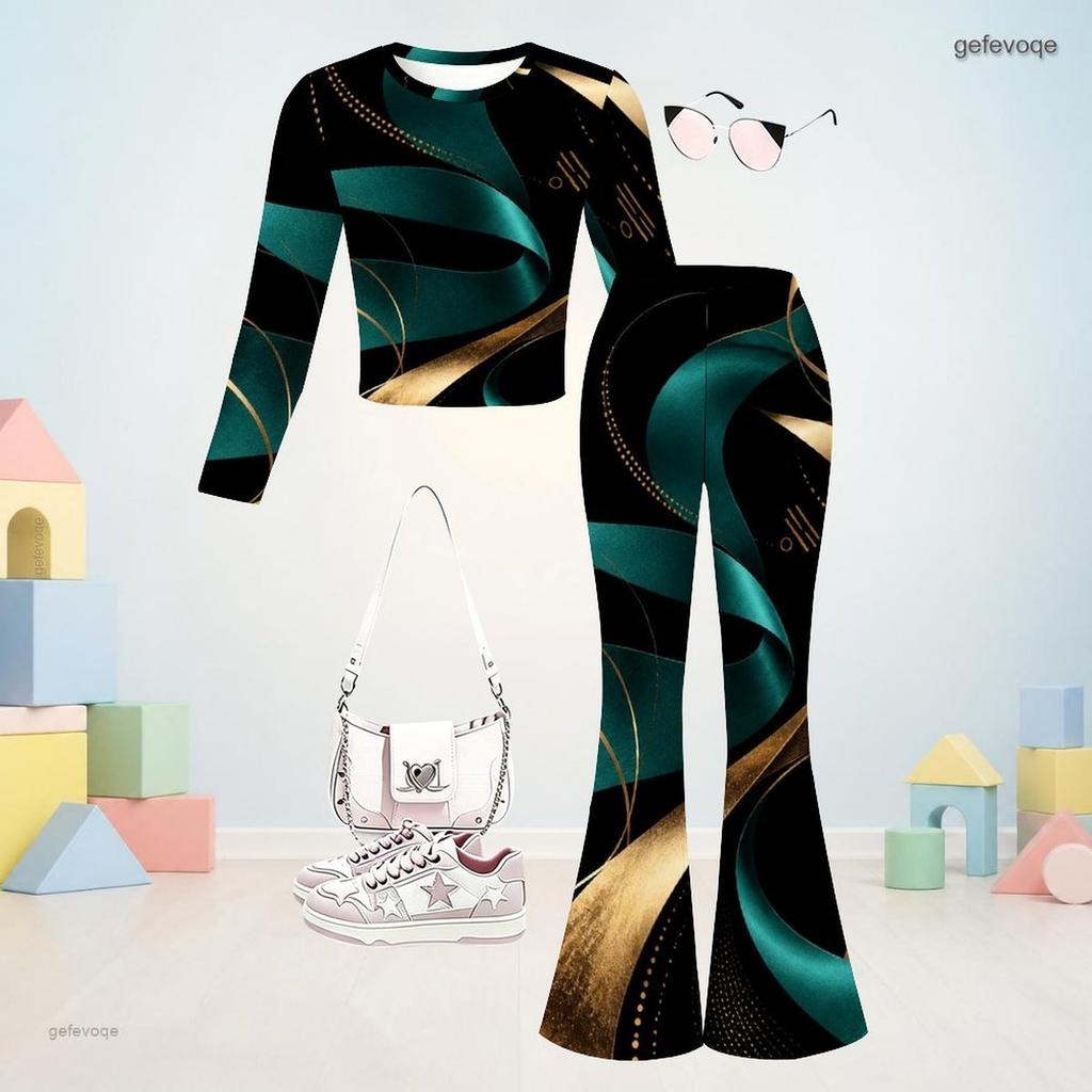 Girls Black Blue Printed Round Neck Long Sleeve Top Flared Pants Two Piece Set