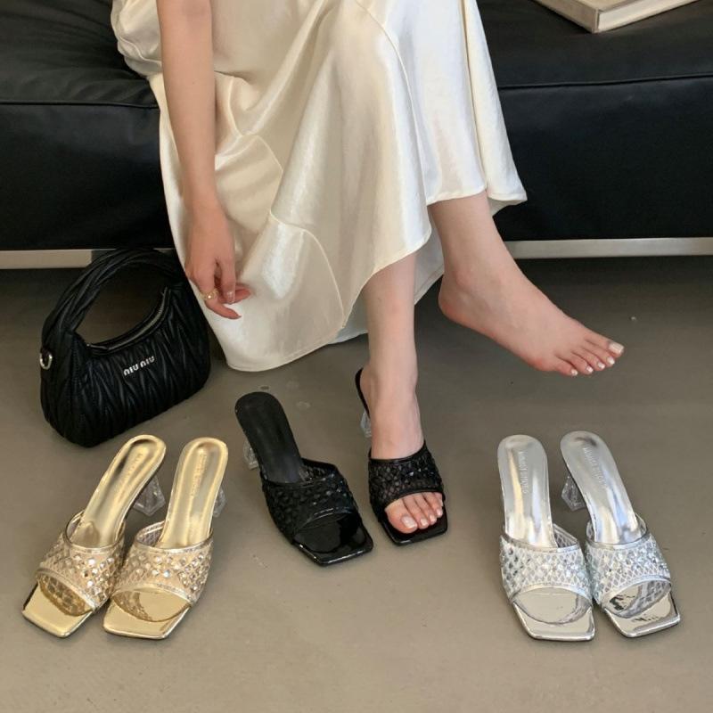 Fashion Shoes Glitter Slides Ladies' Slippers Low Slipers Women Heeled Mules Square Toe Jelly 2025 High Summer Rubber Crystal Rome Fabri