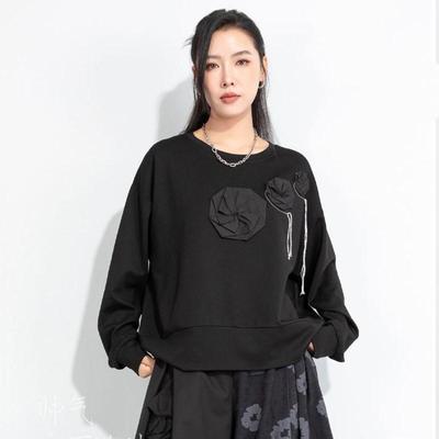 Long Sleeve Oversized Black Vintage Floral Casual Loose T Shirt Tops Women Spring Autumn T-shirt
