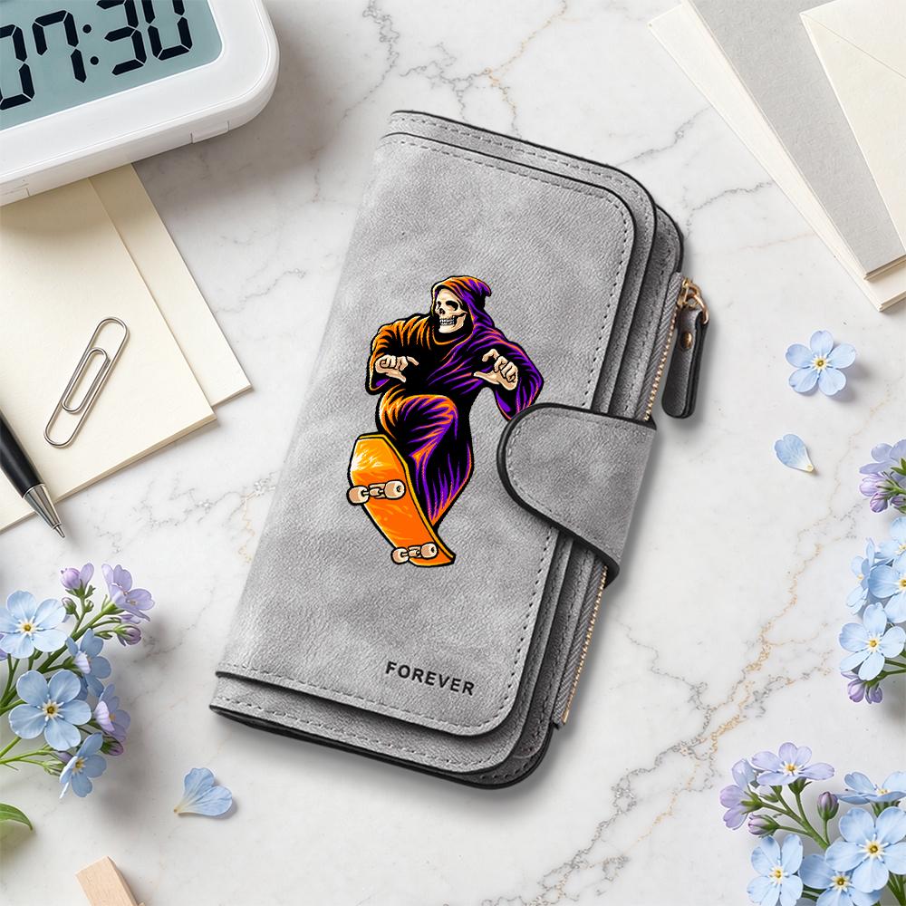 Grim Reaper Skate Pattern Long Wallet Forever Stylish Portable Card Holder Purse for Daily Use