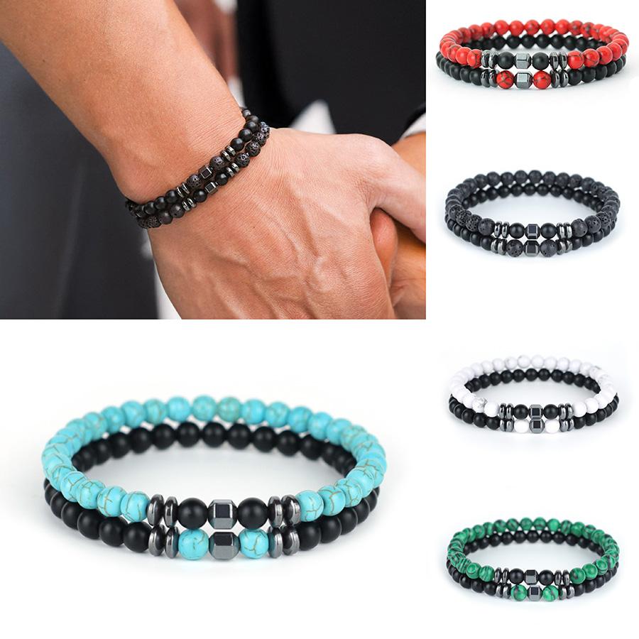 Trendy 2Pcs/Set Men Stone Bracelet Handmade Hematite Healing Braslet Howlite Onyx Malachite Beaded Braclet Pulseria Hombre Joias