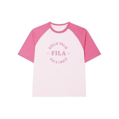 Fila Color Block Letter Print American Vintage Fashion Casual Knit Short Sleeve T-Shirt Unisex Tops Light-Cherry-Blossom F51U429102F-PK