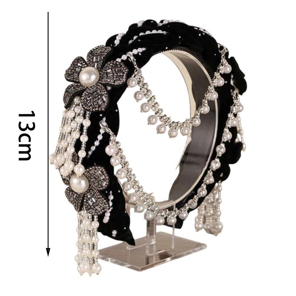 New Detachable Pearl Tassel Headband Ethnic Style Pearl Headband Bridal Headdress Wide-format Flower Headband