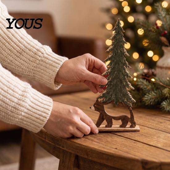 Festive Home Decor for Winter Season 4Pcs Wooden Animal and Pine Ornaments, Fox Rabbit Bear Hedgehog Creative Gift Friends And Family Figurine, Rustic