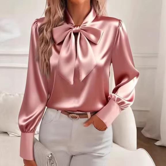 2025 Autumn Women's Long Sleeve Bow Satin Blouse