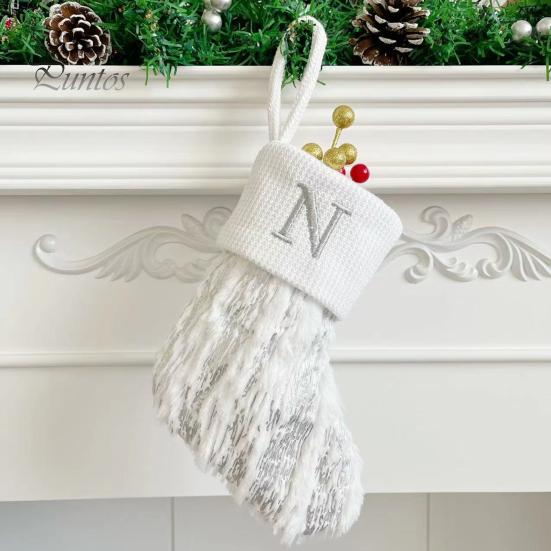 1Pc Christmas White Stocking Letter Embroidery Knitted Handmade Reusable Xmas Tree Hanging Gift Bag Stocking Pendant Party Holiday Decoration