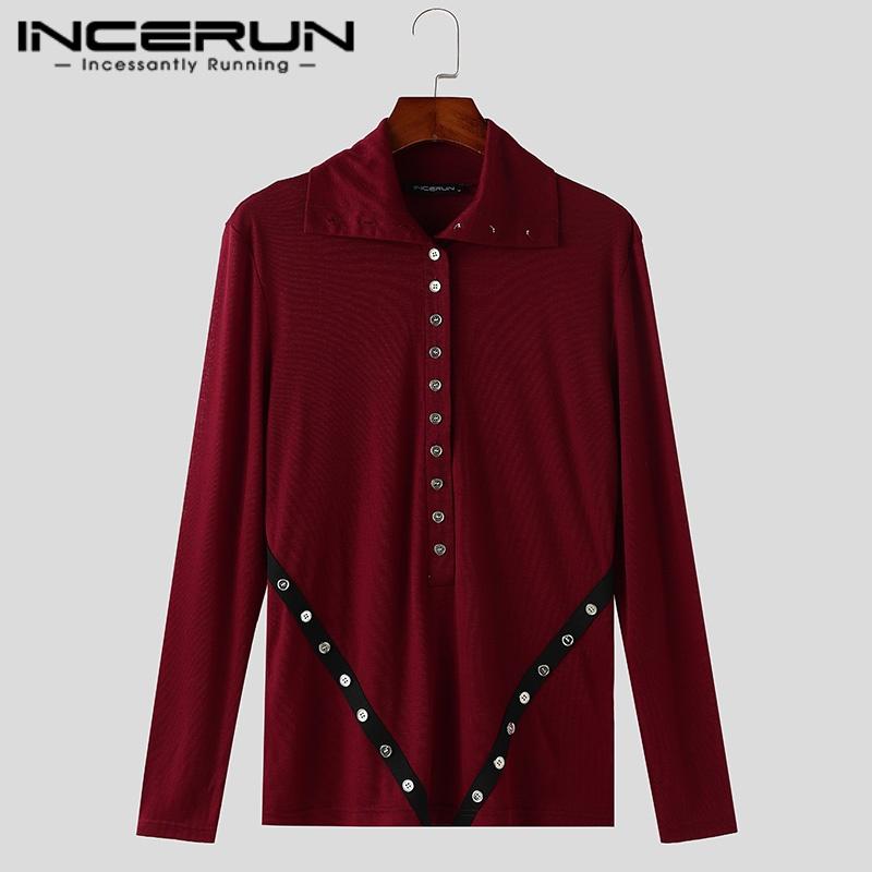INCERUN Pánská trička s klopovým límcem, dlouhým rukávem a zapínáním na knoflíky, ležérní trička a spodní trička