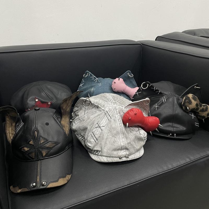 2000er Hundeohren Baseballkappe für Damen Herren Dystopische PU-Lederkappe Subkulturen Streetwear HipHop-Kappe Tägliche Party Kopfbedeckung