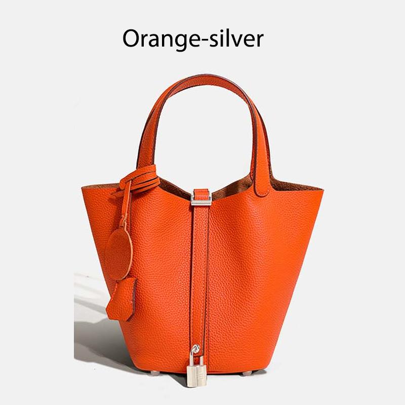 Women Genuine Leather Bucket Bag Large Capacity Fashion Tote Handbag Luxury Designer Style Shoulder Bag Small 18CM