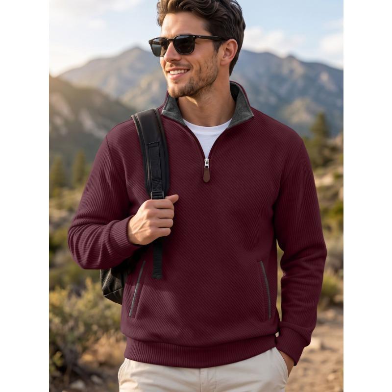 Men S Jacquard Stand Collar Pullover Sweatshirt With Zipper Pocket