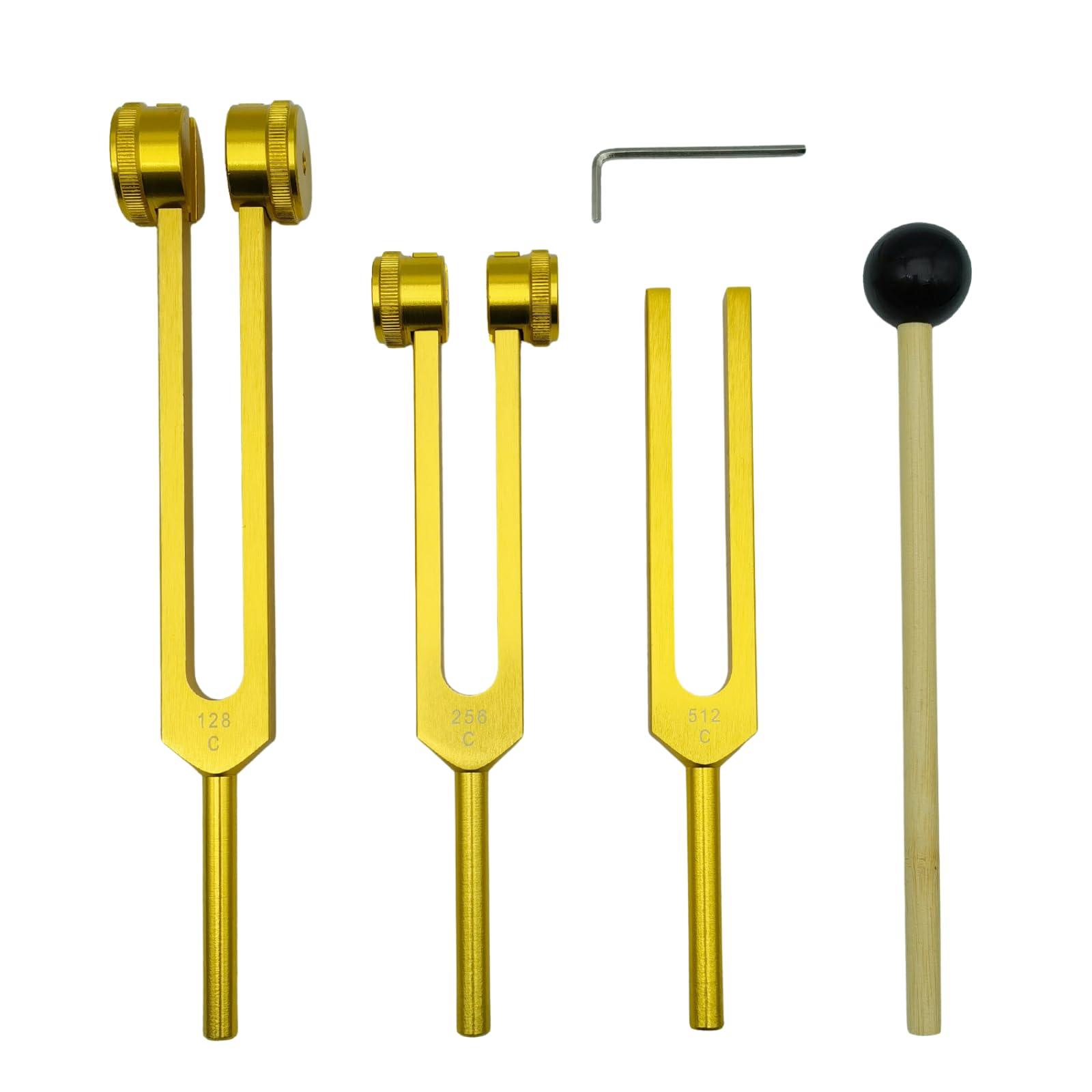 

Tuning Fork Set with Silicone Storage and Made of Aluminum Ideal for Music Science and Sound (3 forks 128Hz, 256Hz, 512Hz) Hammer, Base, Pouch, золотой