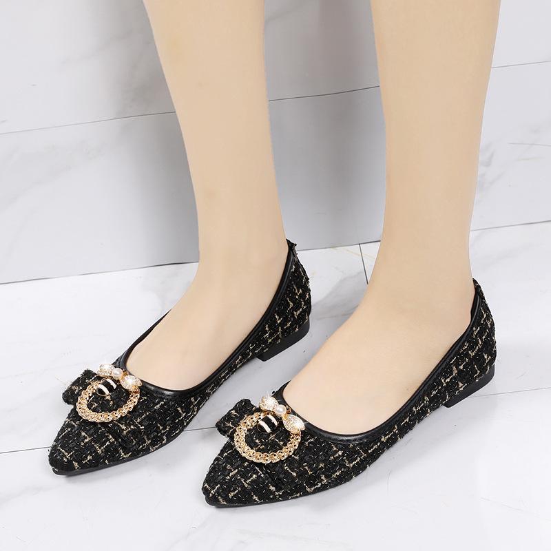 2025 Spring New Korean Version Flat Shoes Pointed Head Shallow Mouth Pearl Round Buckle Single Shoes Plaid Women's Shoes