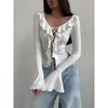 Ruffle Edge Splicing Lace-up Short Shirt Sexy Strap Tie Spicy Girl Top Long Sleeved Solid Color Falred Long Sleeve T-shirt Streetwear Slim Fit Blouse