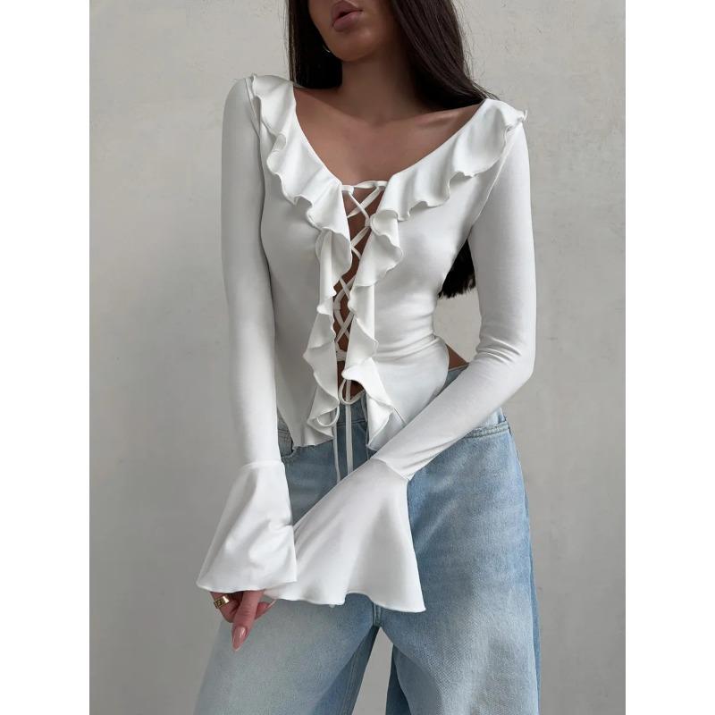 Ruffle Edge Splicing Lace-up Short Shirt Sexy Strap Tie Spicy Girl Top Long Sleeved Solid Color Falred Long Sleeve T-shirt Streetwear Slim Fit Blouse