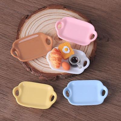 Miniature Dollhouse Dinnerware Set: Double-Ear Plate & Tray with DIY Cream Glue Handmade Resin Accessories