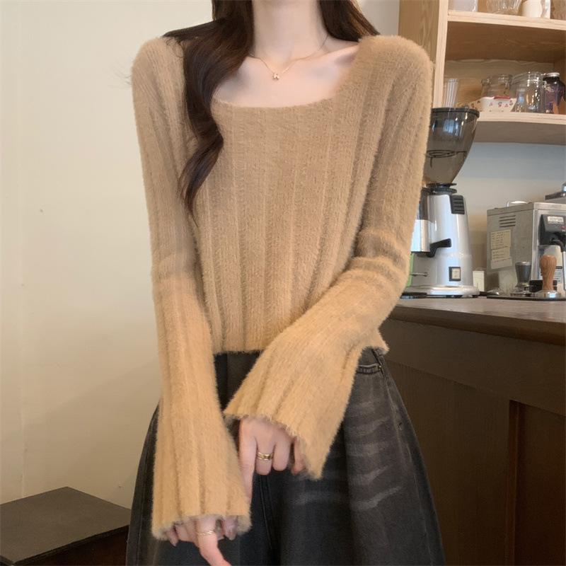 

Женский трикотажный пуловер с квадратным вырезом и рубчиком, имитация норки, бархат, новый универсальный трикотажный базовый свитер с длинным рукавом для осени и зимы One size
