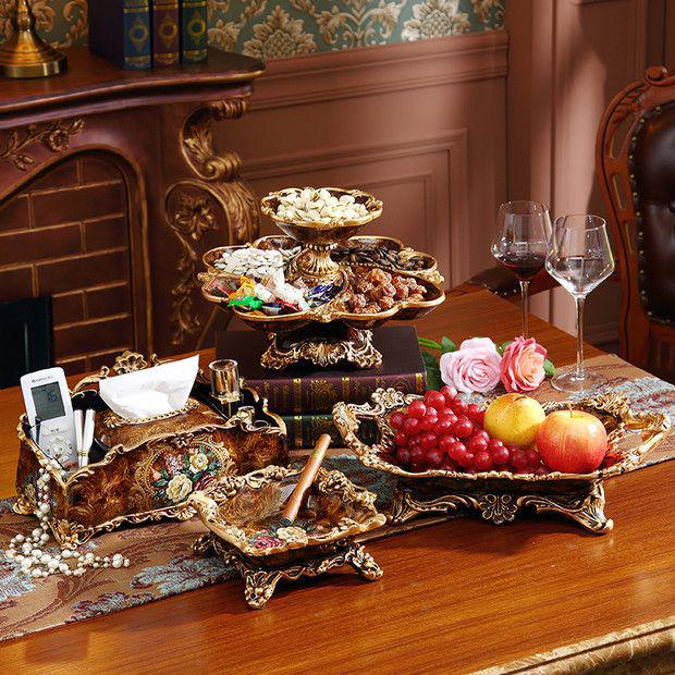 European and American Decorative Set: Fruit Bowl, Tissue Box, Ashtray, and Figurines for Living Room Coffee Table.