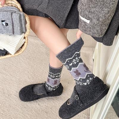 Autumn and Winter Women's Mid-calf Socks In Grey Tones, Cute Cat Warmth Wool Socks for Women