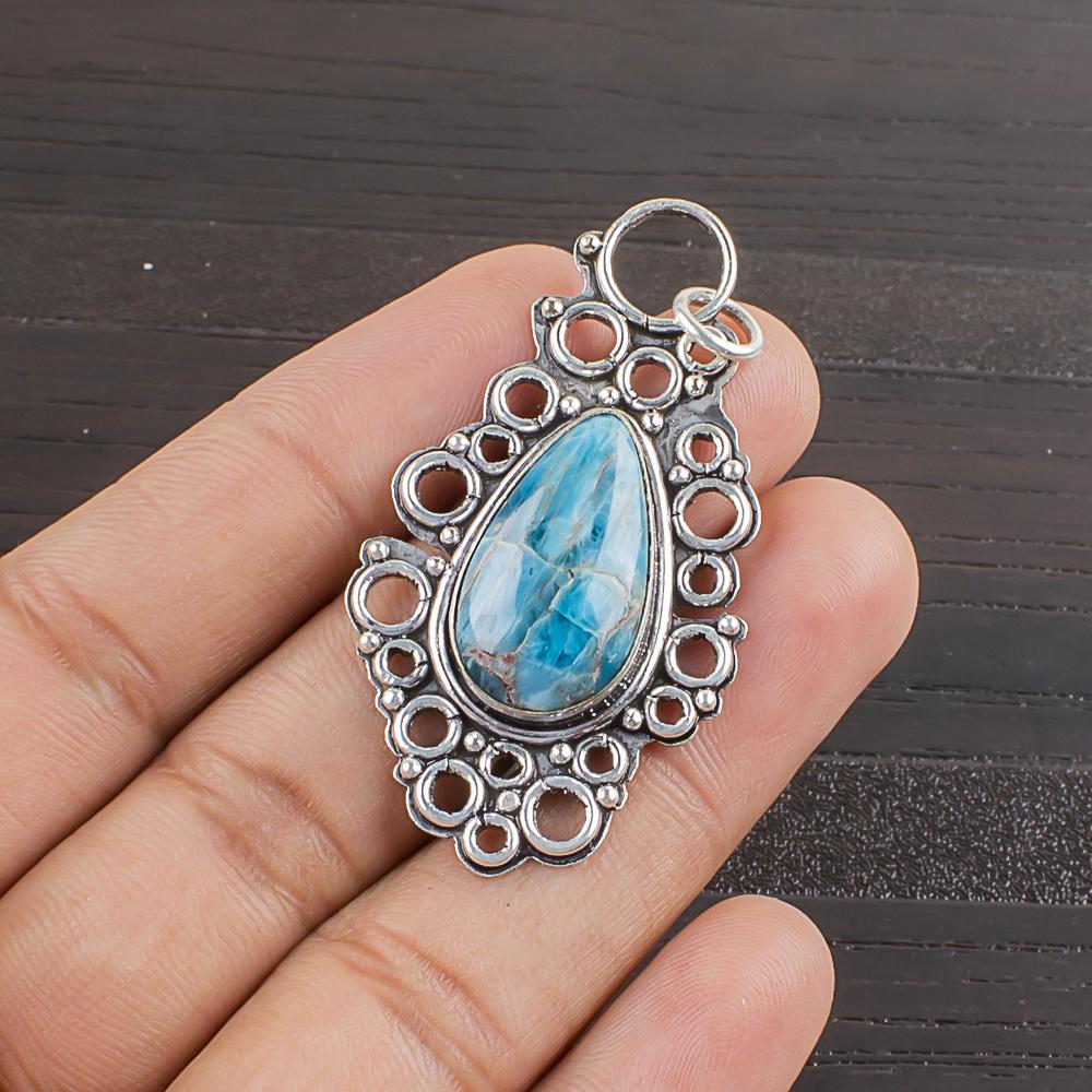 Натуральный Неоновый Апатит Драгоценный Камень 925 Пробы Стерлингового Серебра Дизайнерский Кулон 2  AJP-2446