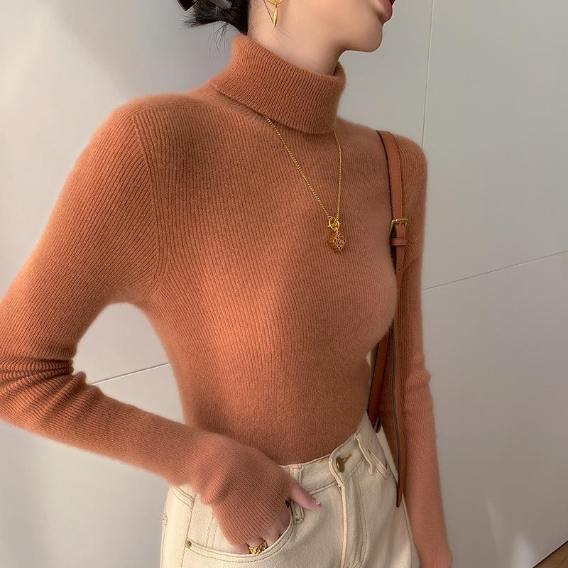 Women's Slim Fit Wool & Cashmere High Neck Sweater - Seamless, Solid Color for Autumn/Winter.
