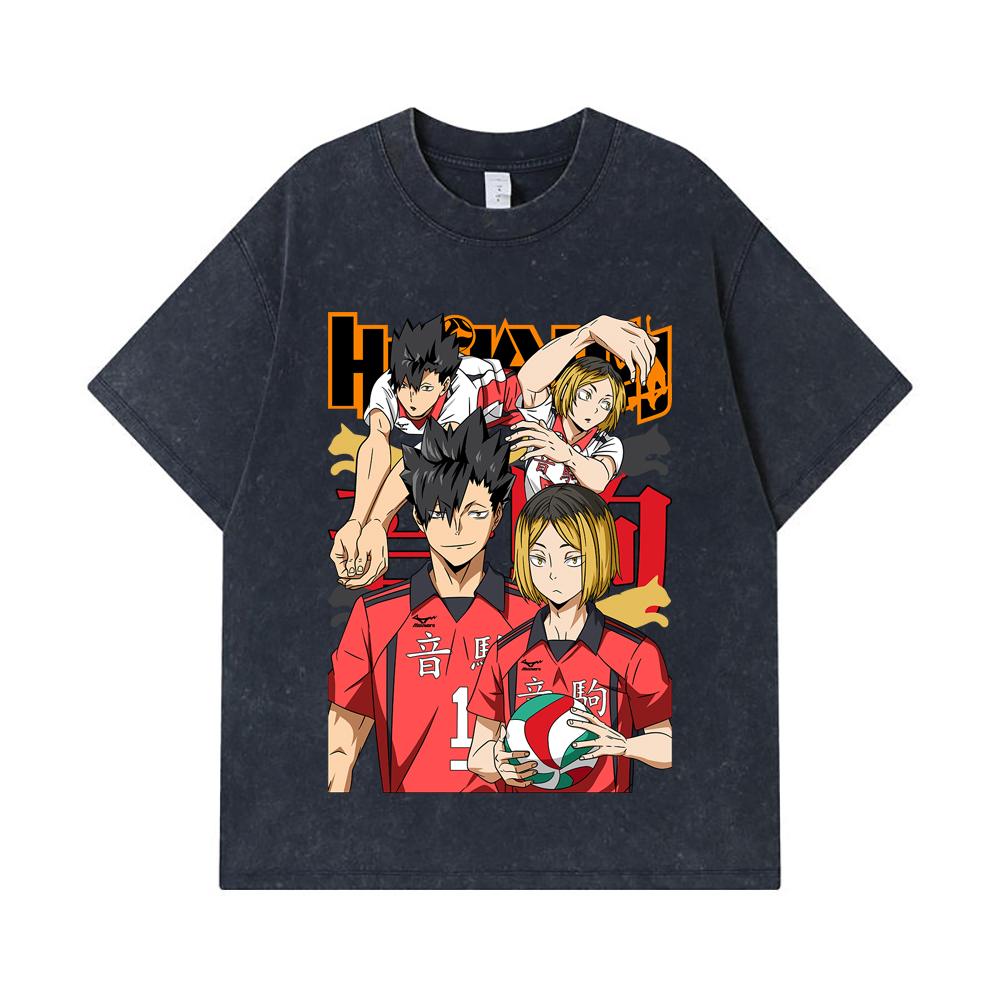 275 GSM Washed T-shirts 100% Cotton Haikyu V6 Print Unisex Heavy Cotton T Shirt