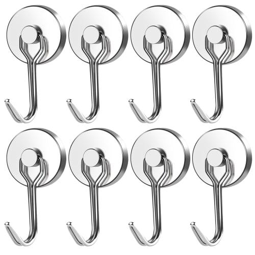 Set of 8 Magnetic Hooks, Strong, Rust-Resistant Stainless Steel, 20mm Diameter, 10kg Vertical Load Capacity, Wall-Mounted for Refrigerators, Kitchens,