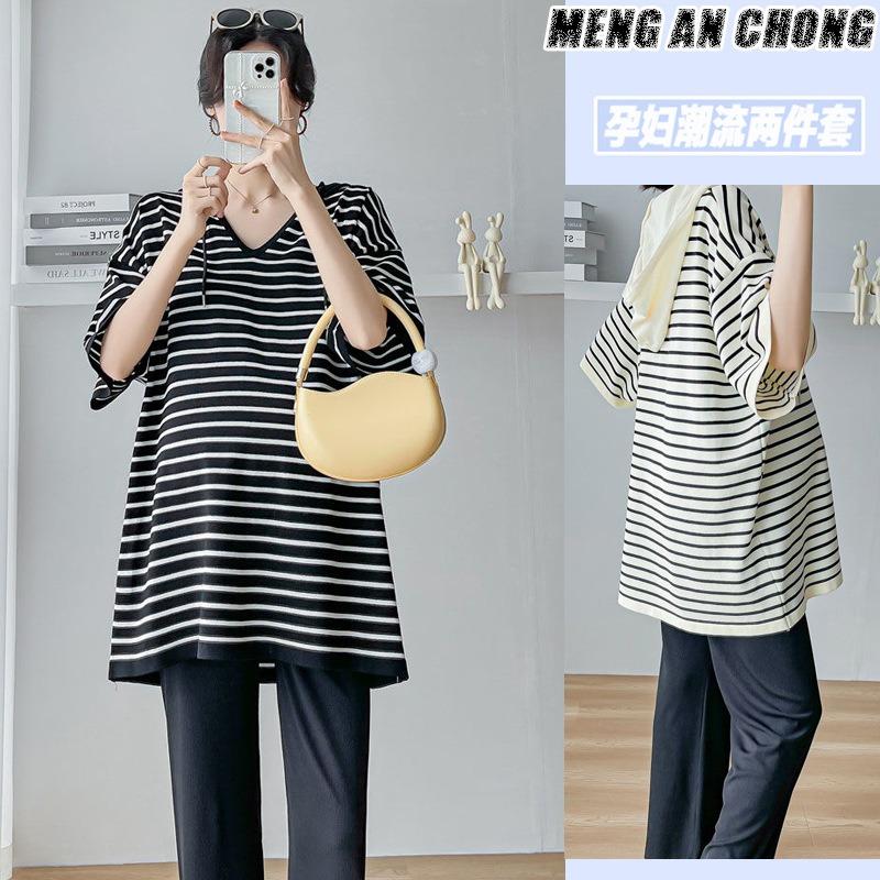 Maternity Clothes Summer Large Size Striped Medium-sleeved Hooded Mi To Cover the Belly and Look Thin Without Showing Off the Trendy Shirt