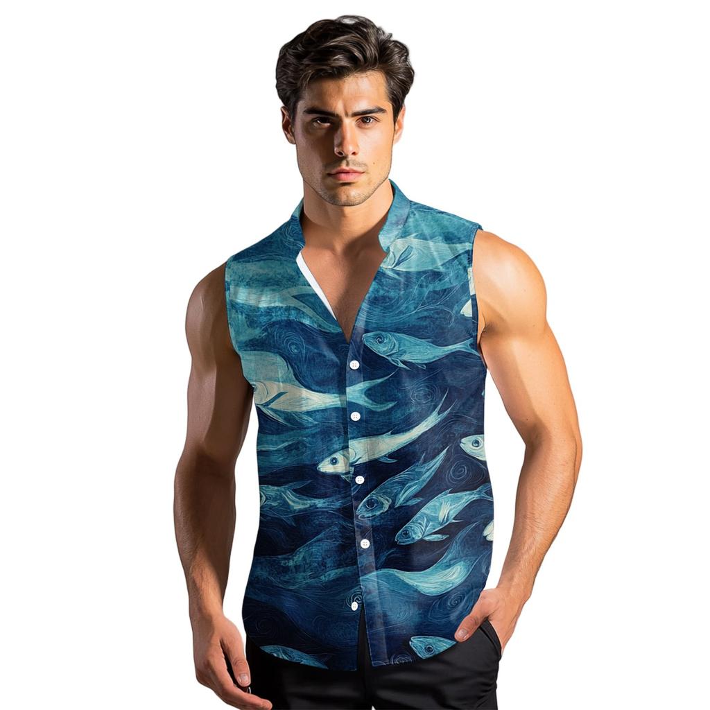 Men's Fashion Printed Sleeveless Lapel Button-Down Shirt Vest Top