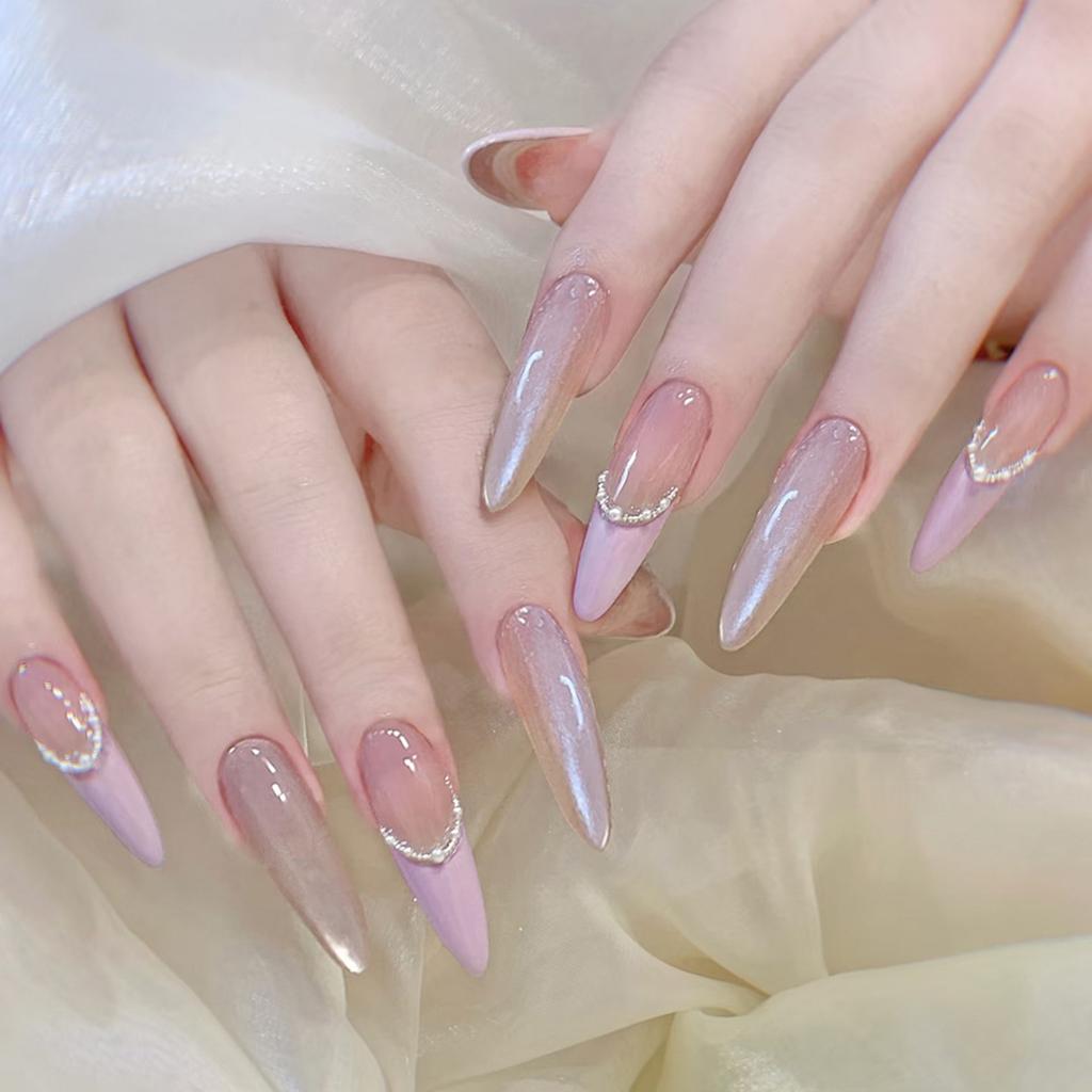 Purple Cat Eye False Nails With Chain Decor 24 Pcs Long Pointed Acrylic Press On Nails For Women Daily Party Wedding Wear