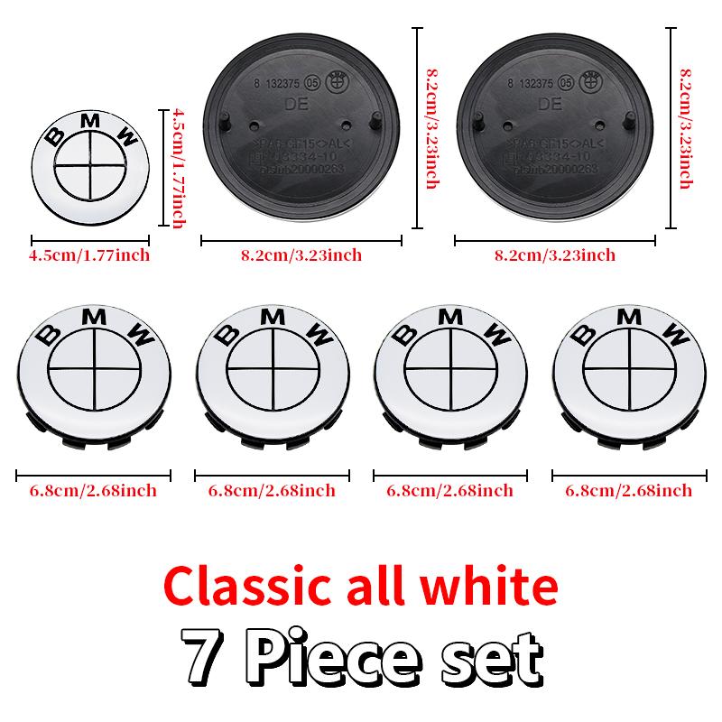 7Pcs Car Front Hood Emblem Wheel Hub Caps All White Logo For BMW M Logo G30 G31 G38 G11 G12 G20 G28 F10 F48 F49 G01 F20 F21 F22