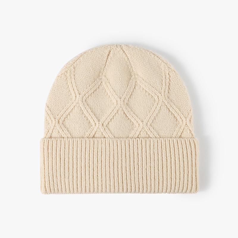 Unisex Winter Knitted Beanie Hat With Diamond Pattern Warm Soft Wool Blend Cuffed Skull Fashion Cold Weather Headwear  Women Men