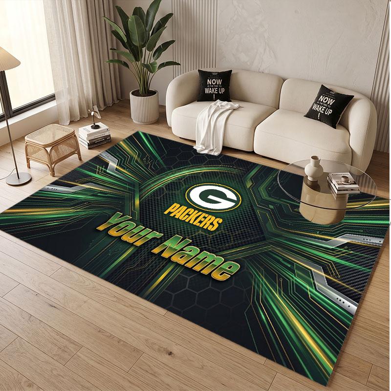 Custom Rug Green Bay Packers Pattern Print Name Text Soft Non‑Slip Floor Carpet for Home Indoor Decoration