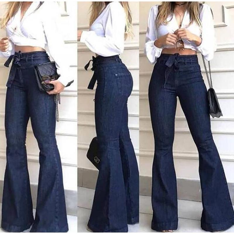 Women Jeans Solid Color High Waist Flare Pants Zipper Fly Flat Pockets Streetwear Slim Patchwork Button Slight Strech Belt
