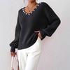 Women's Autumn and Winter New Loose and Laid-back Style Sweater with Beaded Pearl V-neck Casual Pullover